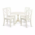 HomeStock 5-Piece Linen White Finish Solid Wood Top Dining table with 4-Chairs with Drop Leaf Lattice Back
