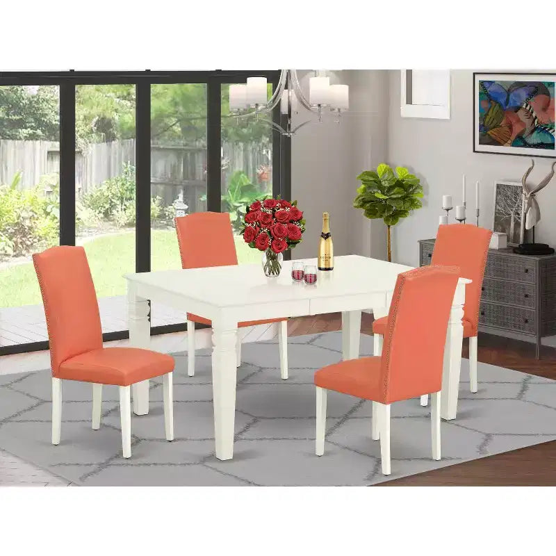 Ensemble Table de Cuisine 5 Pièces Rectangulaire avec Chaises - Salle à Manger 42/60 Pouces Pieds Blanc Lin Flamant Rose