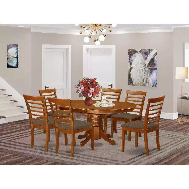 Table à manger 7 pièces ovale en bois massif finition brun selle avec 6 chaises avec