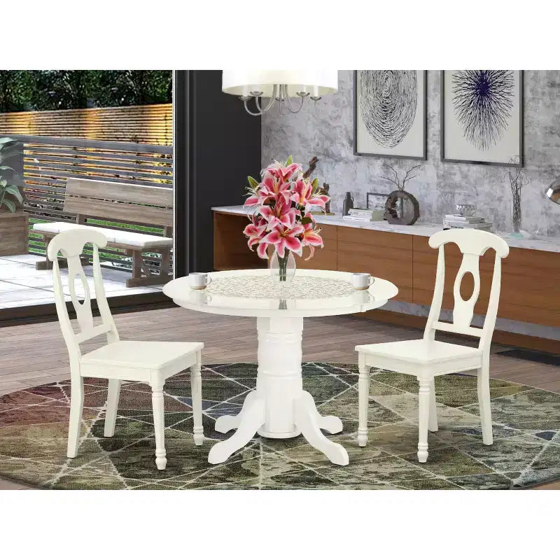 Ensemble de salle à manger rond 3 pièces - Table de 107 cm et 2 chaises - Ensemble de cuisine-dinette blanc lin