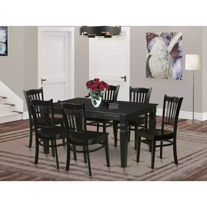 Table de salle à manger HomeStock 7 pièces rectangulaire au fini noir avec plateau en bois massif et 6 chaises