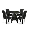 HomeStock 5-Piece Round Black Finish Solid Wood Top Dining Table with 4 Black Faux Leather Upholstered Parson Chairs, Seats 4