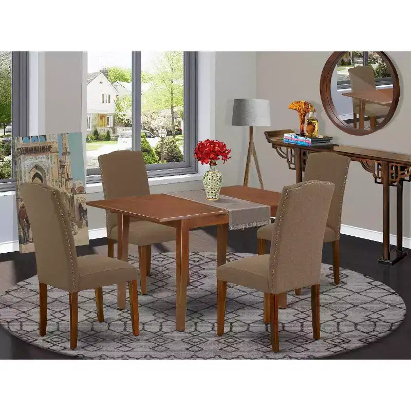 Ensemble de salle à manger rectangulaire 5 pièces de style sud-ouest avec table et chaises en tissu lin café foncé