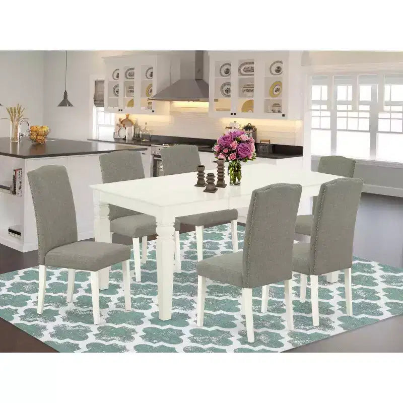 Ensemble de salle à manger rectangulaire 7 pièces - Table 42/60 avec rallonge et 6 chaises Parsons - Piétement blanc lin