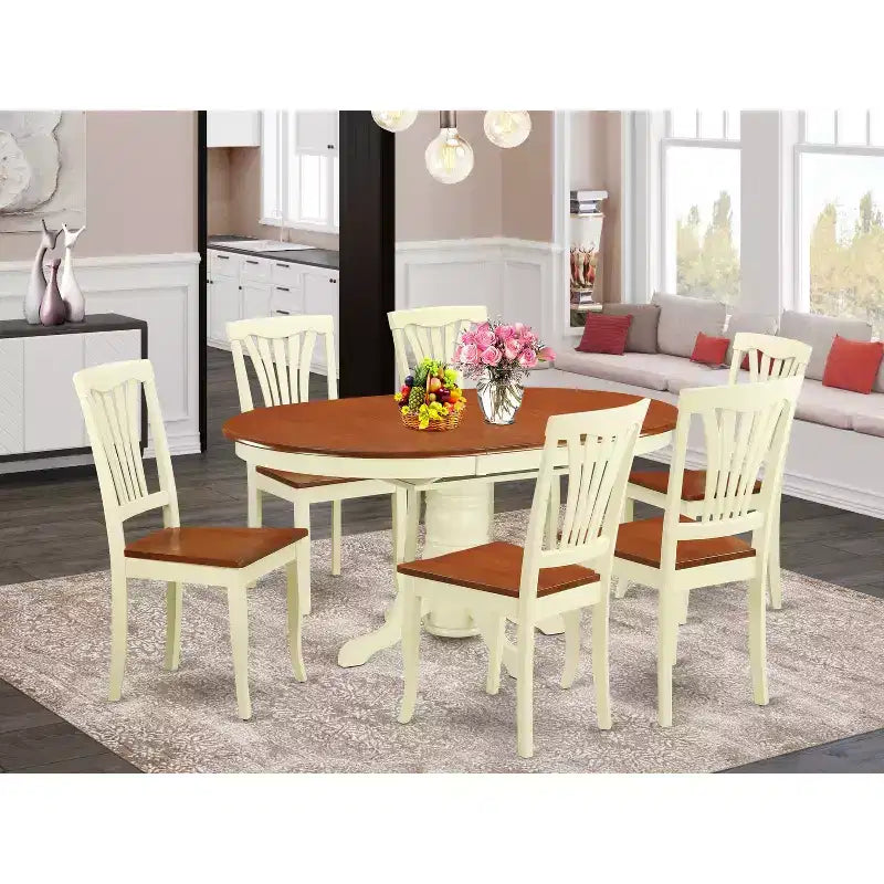 Salle à manger gothique - Table ovale 7 pièces et 6 chaises - Finition cerisier crème