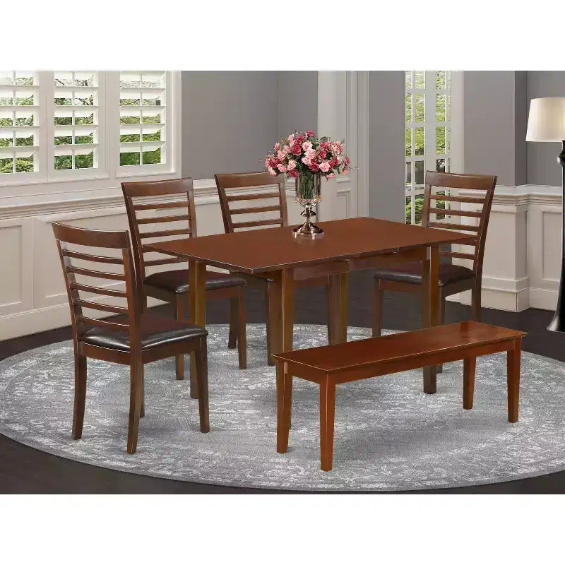 Ensemble de salle à manger victorien - table de 42/54 po avec rallonge et 4 chaises en similicuir, banc inclus