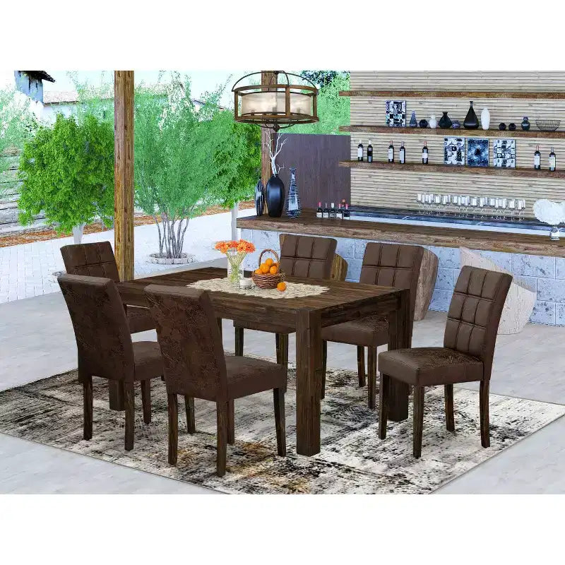 Table de salle à manger HomeStock 7 pièces rectangulaire en bois massif finition jacobine vieillie avec 6 chaises