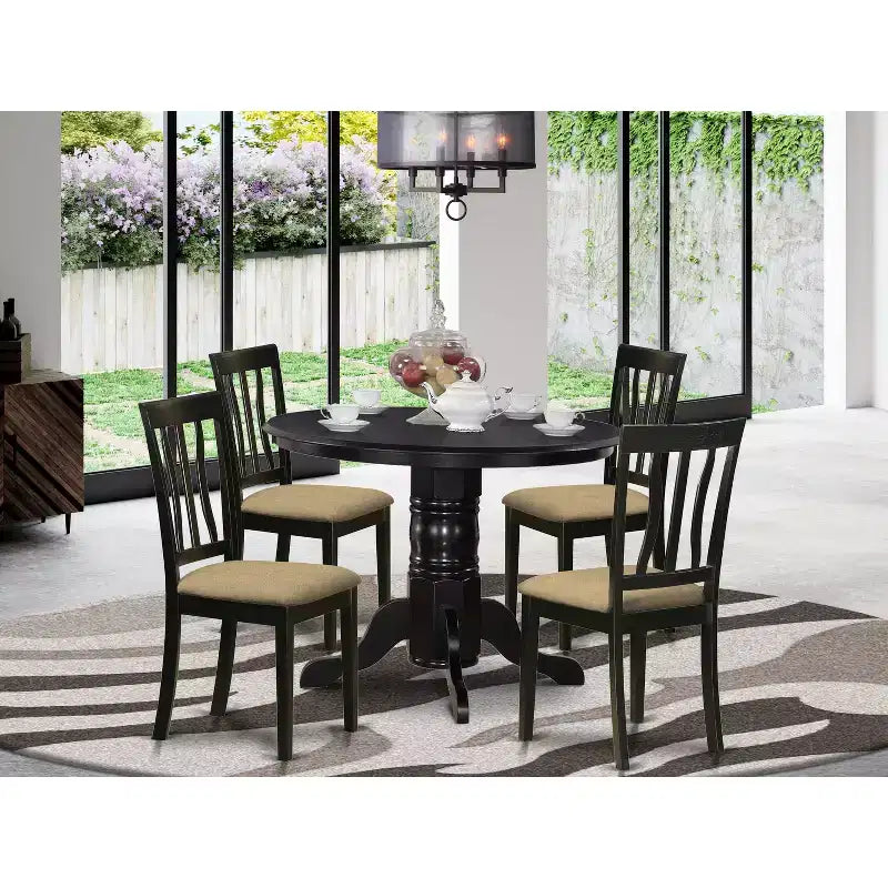 Ensemble de salle à manger 5 pièces : table et chaises - Table ronde sur pied avec sièges rembourrés en lin