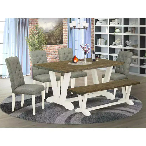 Table à manger 6 pièces avec plateau en bois massif finition chêne naturel, 1 banc et 4 chaises avec