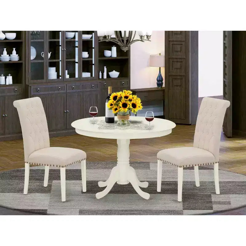 Ensemble de salle à manger 3 pièces - Table de cuisine et 2 chaises de style Parson - Blanc lin et beige