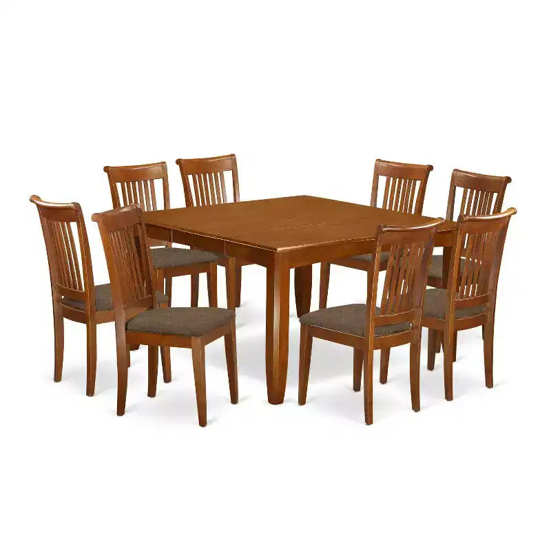 Dining Room Set 9 Piece Table with 8 Chairs - Linen Upholstered, Saddle Brown, 54x54 Inch
