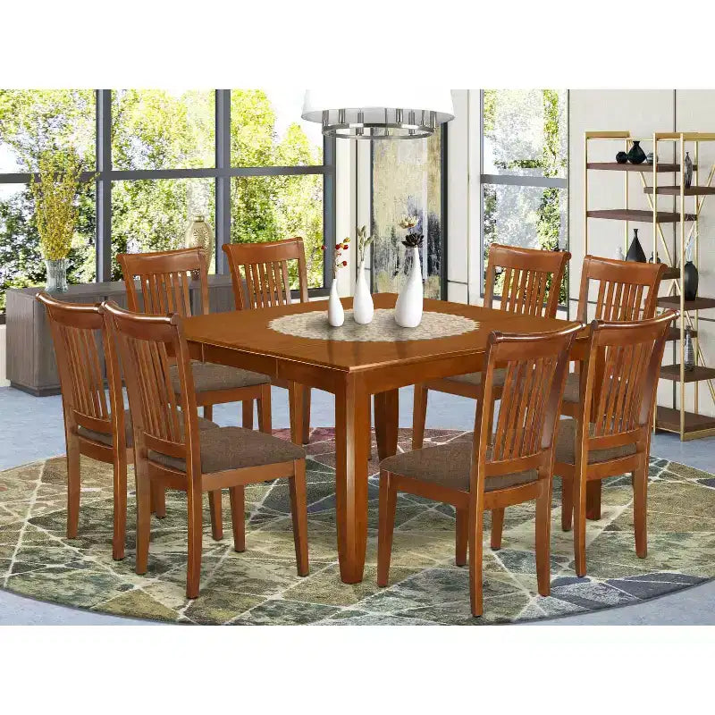 Salle à Manger Ensemble 9 Pièces Table avec 8 Chaises - Rembourrage Lin, Marron Cuir, 54x54 Pouces
