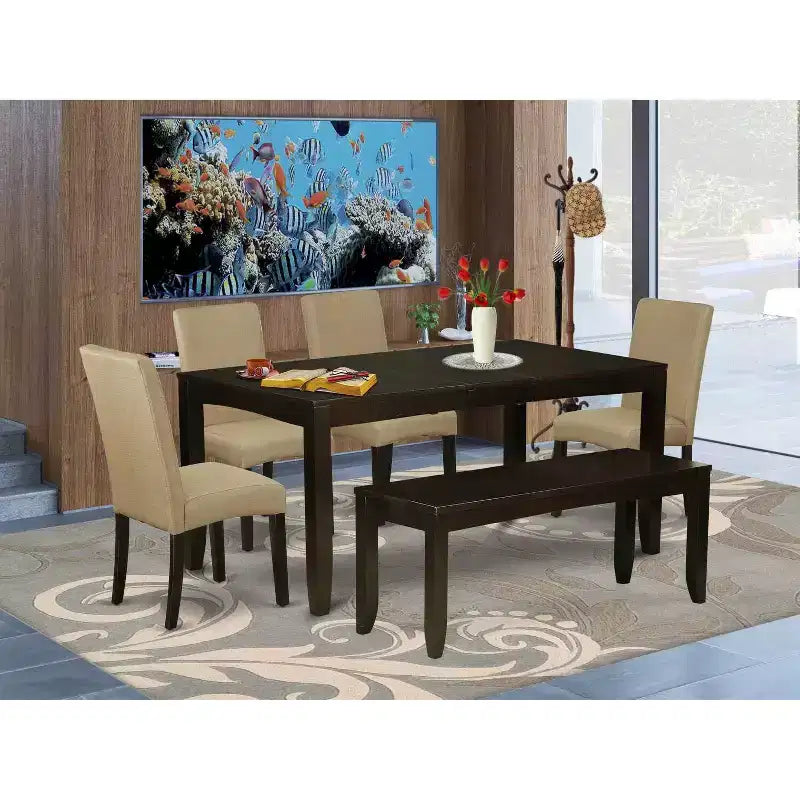 Ensemble de salle à manger contemporain 6 pièces - Table 122/152 cm, 4 chaises Parsons et banc - Tissu lin, finition cappuccino