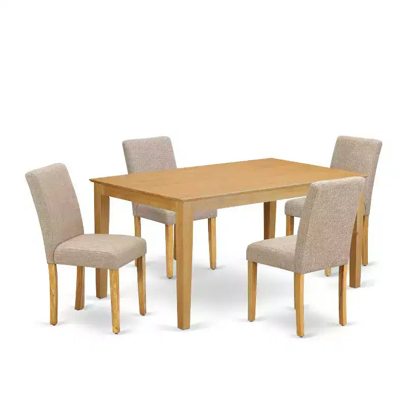 Rectangle Dining Set 5Pc Table & Chair Set - Linen Fabric, Oak Legs, Light Fawn - HomeStock