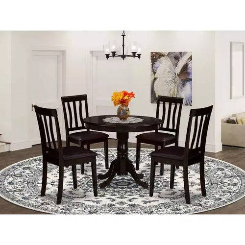 Table à manger ronde 5 pièces, plateau en bois massif finition cappuccino avec 4 chaises avec