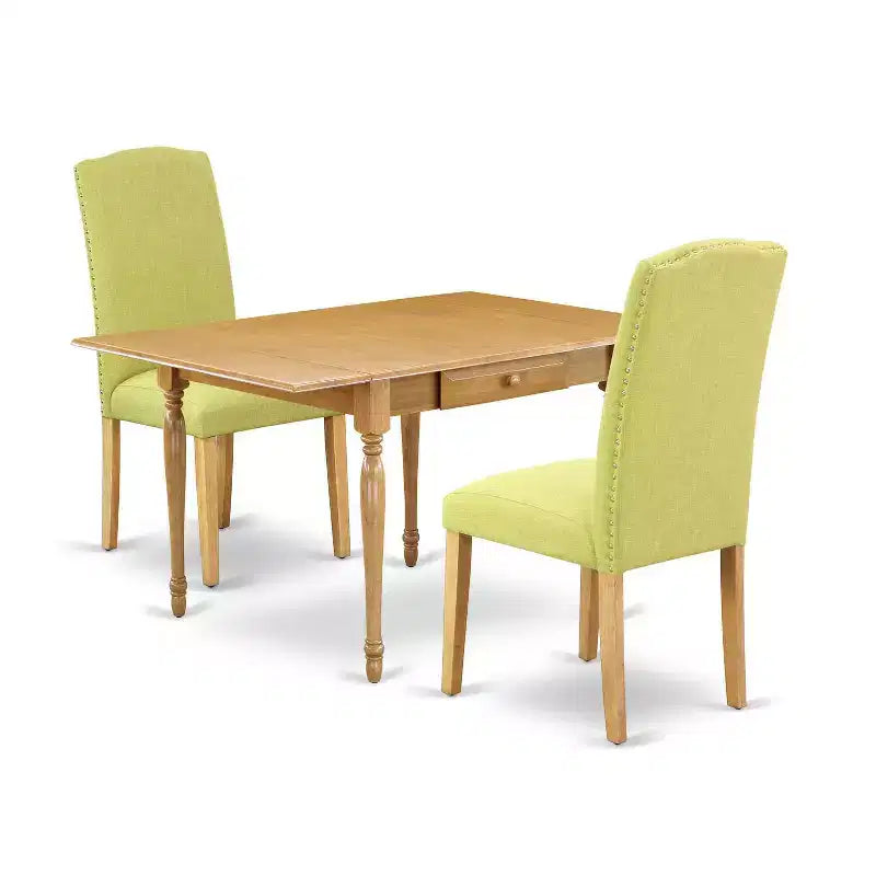 Kitchen Table Set with 2 Chairs, Drop Leaf Dining Table, Linen Fabric Parsons Chairs, Oak Finish
