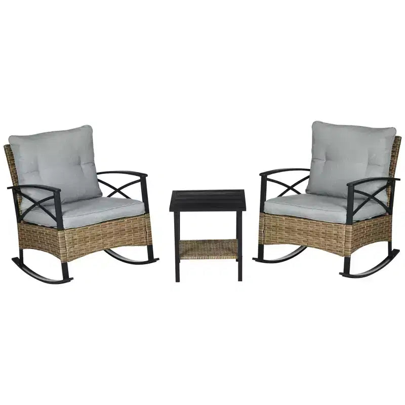 3 Piece Patio Rocking Chair Set, Outdoor Wicker Bistro Set with 2 Oversize Cushioned Porch Rockers and 2 Tier Coffee Table for Garden, Porch