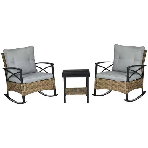 3 Piece Patio Rocking Chair Set, Outdoor Wicker Bistro Set with 2 Oversize Cushioned Porch Rockers and 2 Tier Coffee Table for Garden, Porch