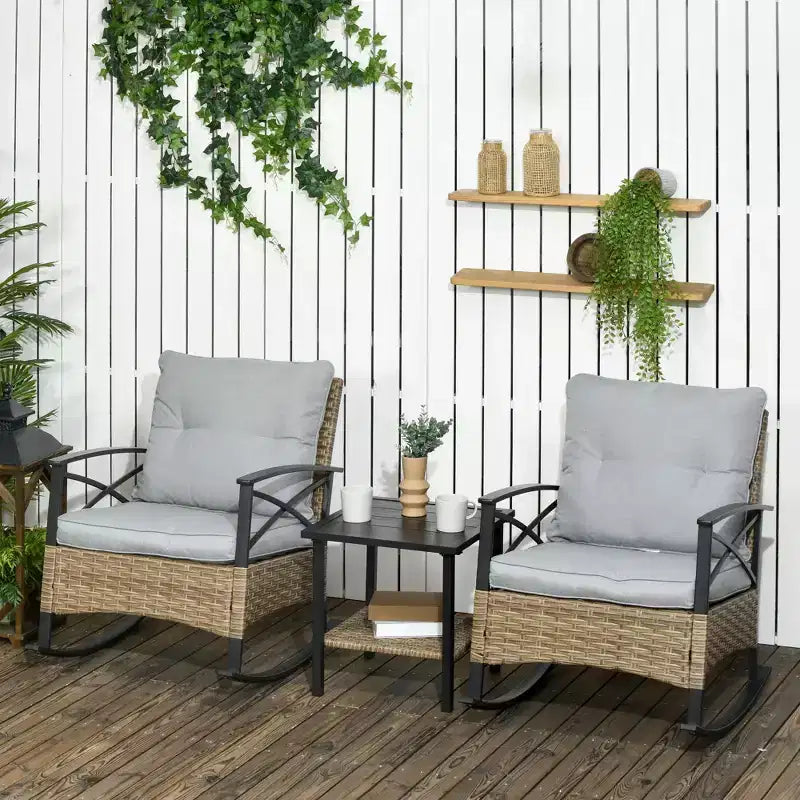 Ensemble de 3 chaises à bascule de patio, ensemble de bistro extérieur en osier avec 2 fauteuils à bascule de porche rembourrés surdimensionnés et table basse à 2 niveaux pour jardin, porche