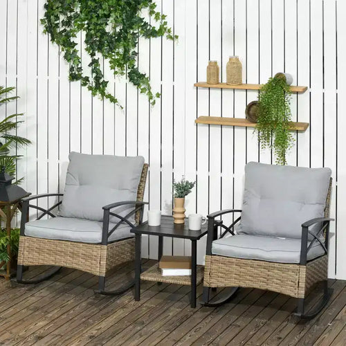 Ensemble de 3 chaises à bascule de patio, ensemble de bistro extérieur en osier avec 2 fauteuils à bascule de porche rembourrés surdimensionnés et table basse à 2 niveaux pour jardin, porche