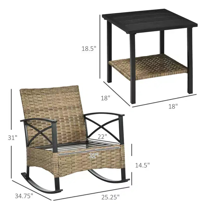 Ensemble de 3 chaises à bascule de patio, ensemble de bistro extérieur en osier avec 2 fauteuils à bascule de porche rembourrés surdimensionnés et table basse à 2 niveaux pour jardin, porche