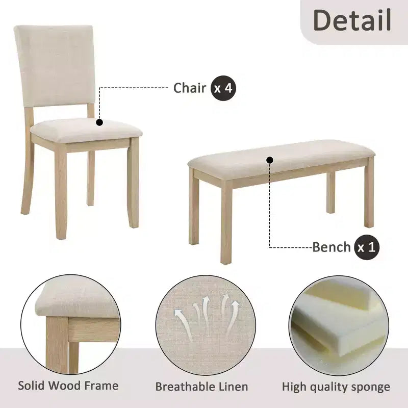 Ensemble de salle à manger moderne 6 pièces Fen de GDFStudio avec table rectangulaire en bois, 1 banc et 4 chaises rembourrées en lin