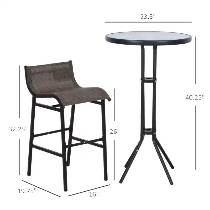 Ensemble bistro d'extérieur 3 pièces hauteur bar pour 2 personnes, table de pub ronde de patio et 2 chaises de bar au design confortable et à la structure robuste