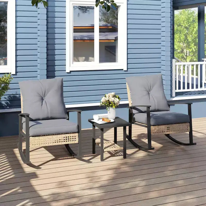 Ensemble de bistro 3 pièces, mobilier de jardin en osier avec coussins capitonnés, chaises berçantes en rotin et table