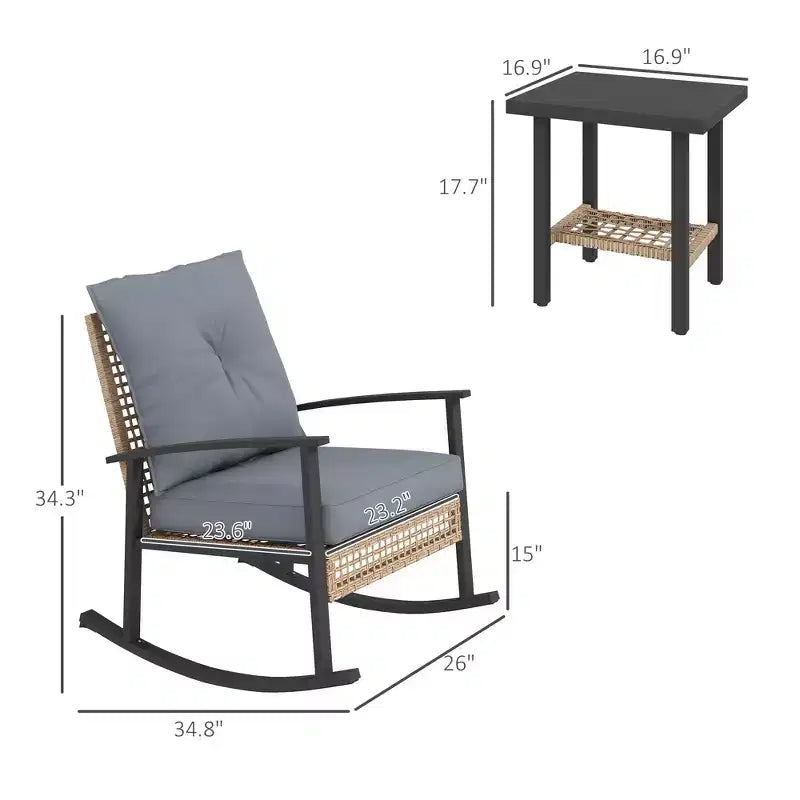 Ensemble de bistro 3 pièces, mobilier de jardin en osier avec coussins capitonnés, chaises berçantes en rotin et table