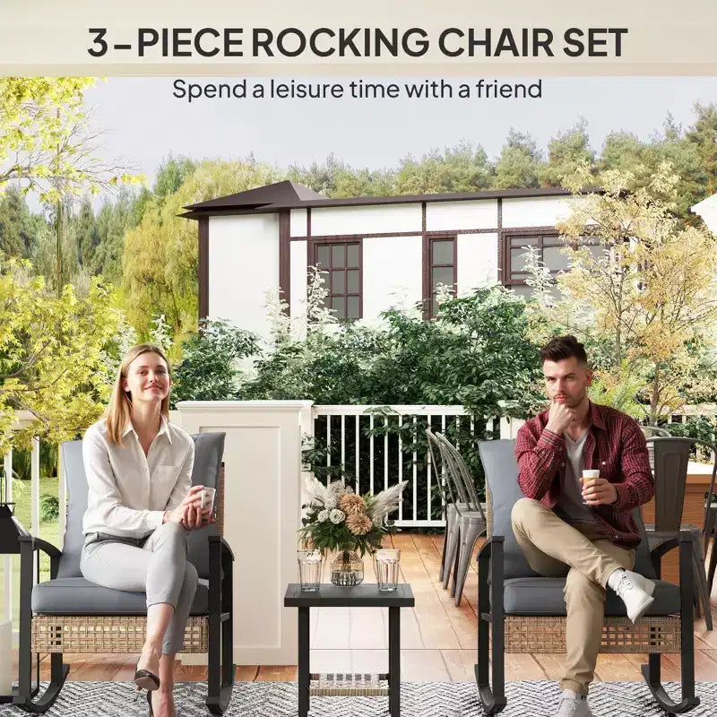 Ensemble de bistro 3 pièces, mobilier de jardin en osier avec coussins capitonnés, chaises berçantes en rotin et table