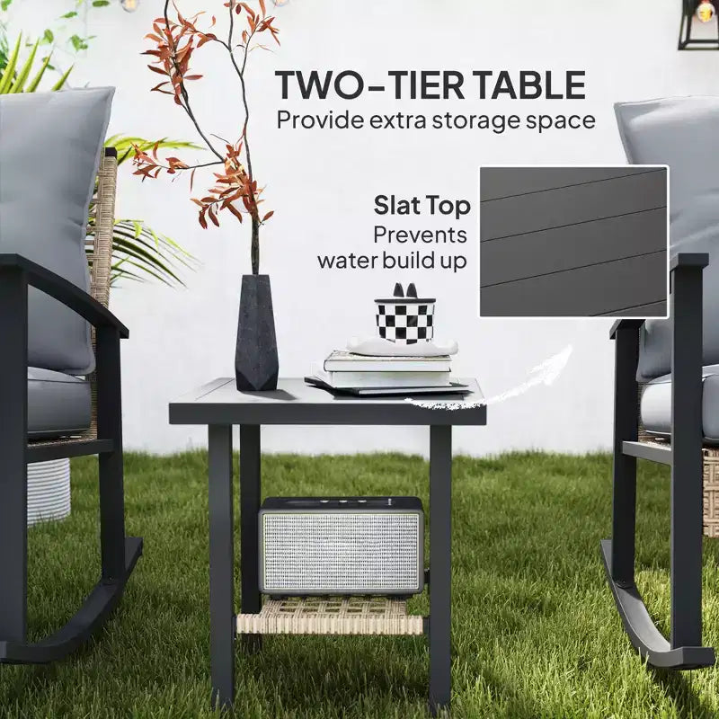 Ensemble de bistro 3 pièces, mobilier de jardin en osier avec coussins capitonnés, chaises berçantes en rotin et table