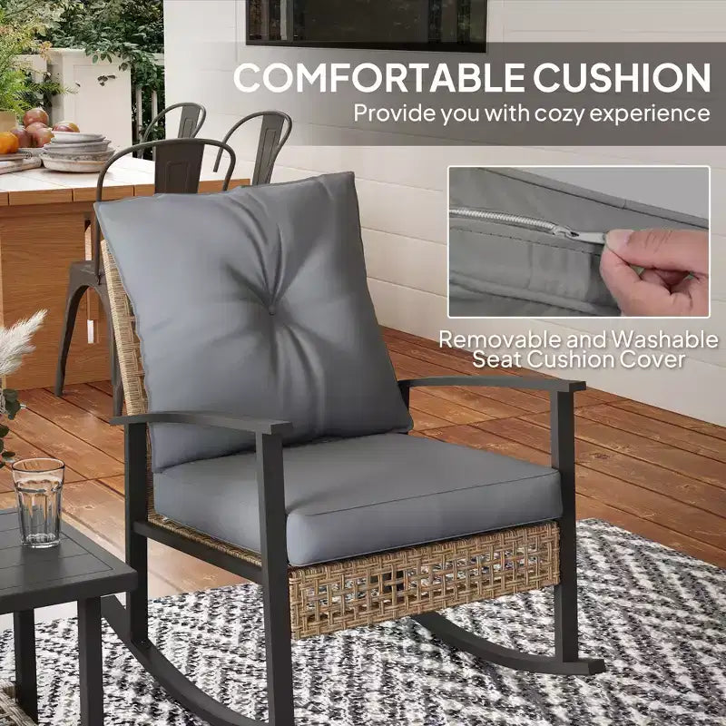 Ensemble de bistro 3 pièces, mobilier de jardin en osier avec coussins capitonnés, chaises berçantes en rotin et table