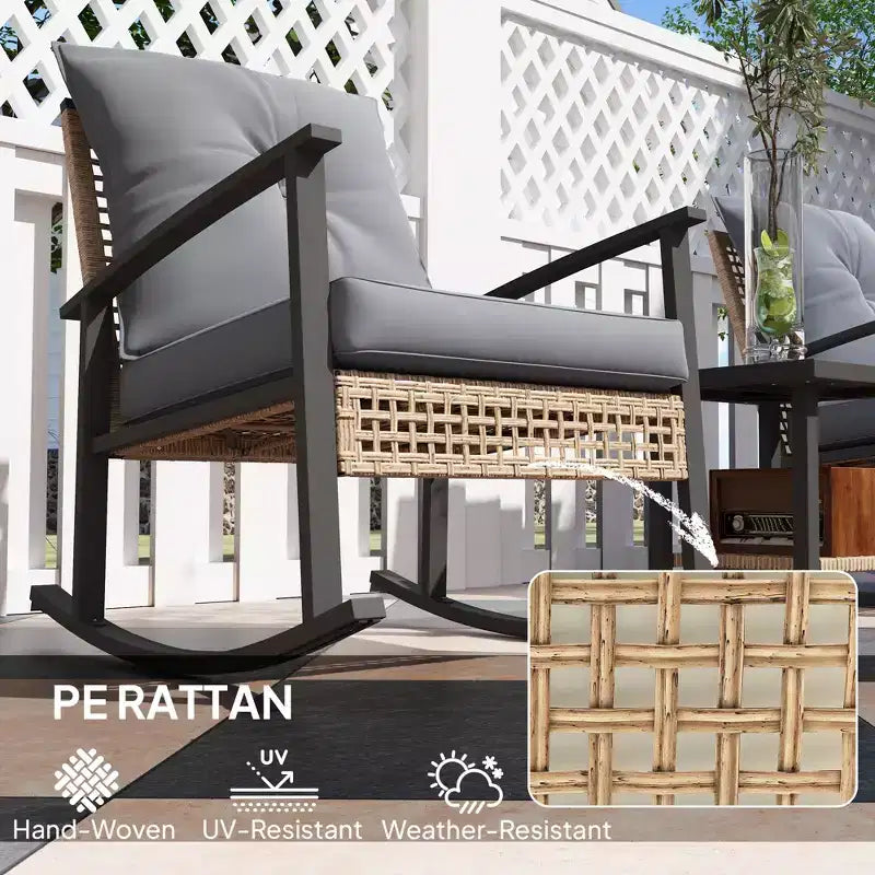 Ensemble de bistro 3 pièces, mobilier de jardin en osier avec coussins capitonnés, chaises berçantes en rotin et table