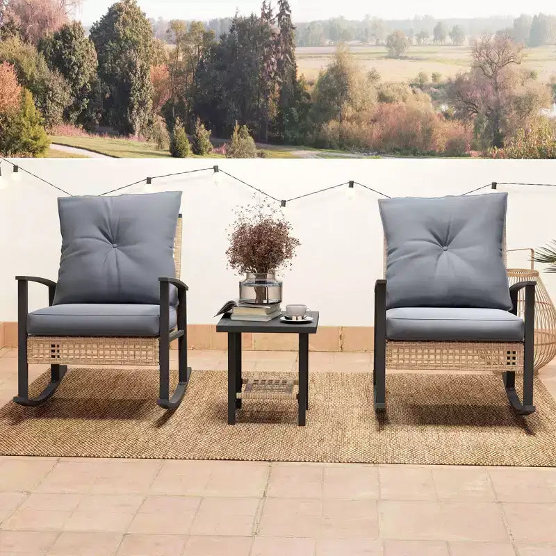 Ensemble de bistro 3 pièces, mobilier de jardin en osier avec coussins capitonnés, chaises berçantes en rotin et table