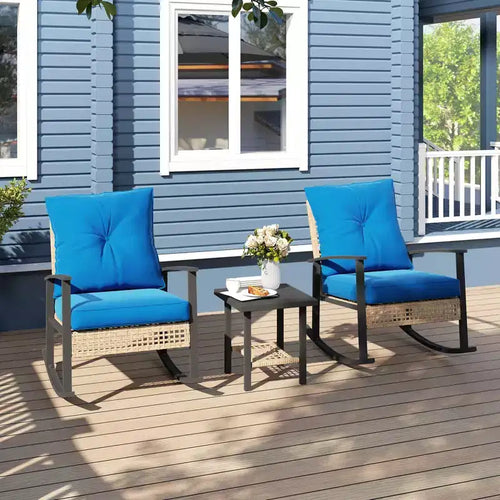Ensemble de bistro 3 pièces, mobilier de jardin en osier avec coussins capitonnés, chaises berçantes en rotin et table