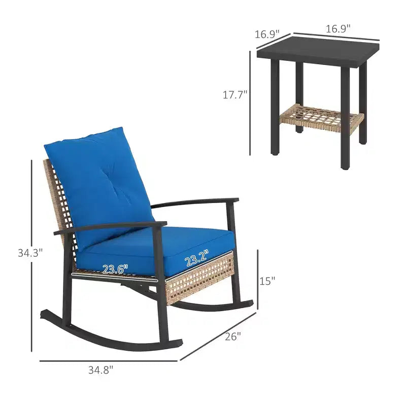 Ensemble de bistro 3 pièces, mobilier de jardin en osier avec coussins capitonnés, chaises berçantes en rotin et table