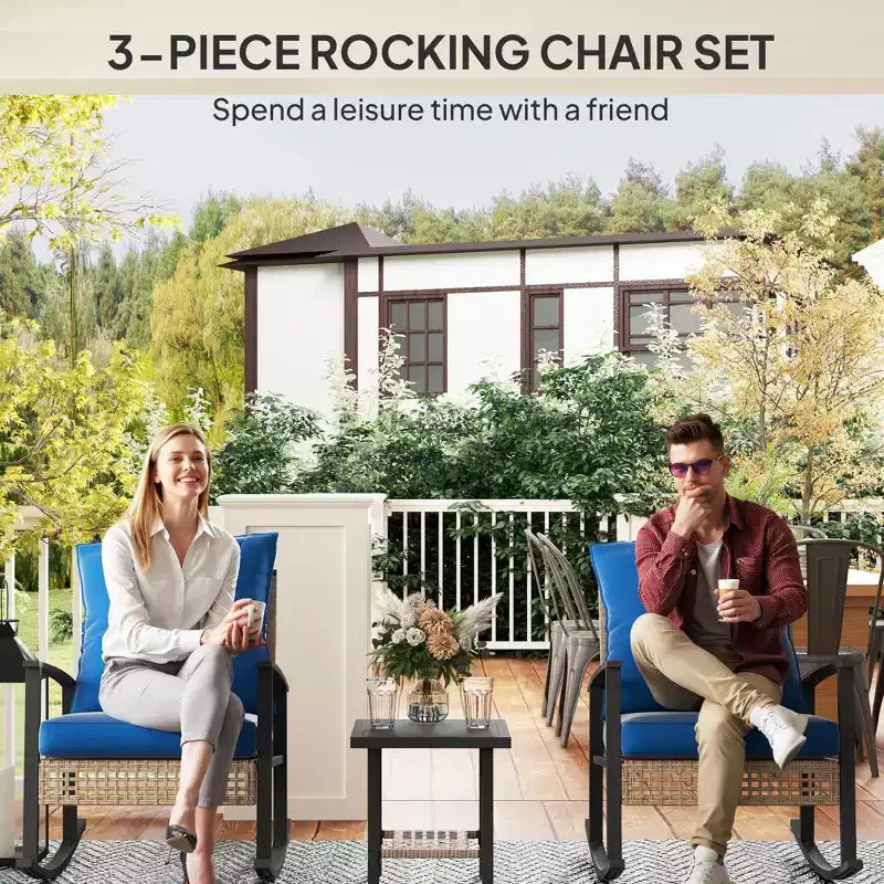Ensemble de bistro 3 pièces, mobilier de jardin en osier avec coussins capitonnés, chaises berçantes en rotin et table