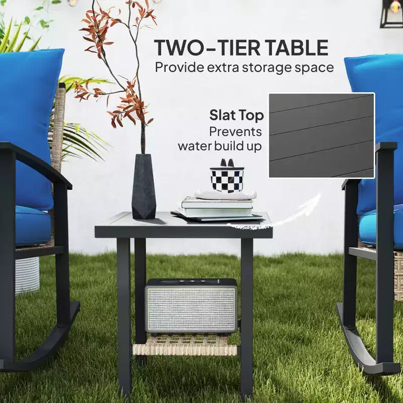 Ensemble de bistro 3 pièces, mobilier de jardin en osier avec coussins capitonnés, chaises berçantes en rotin et table