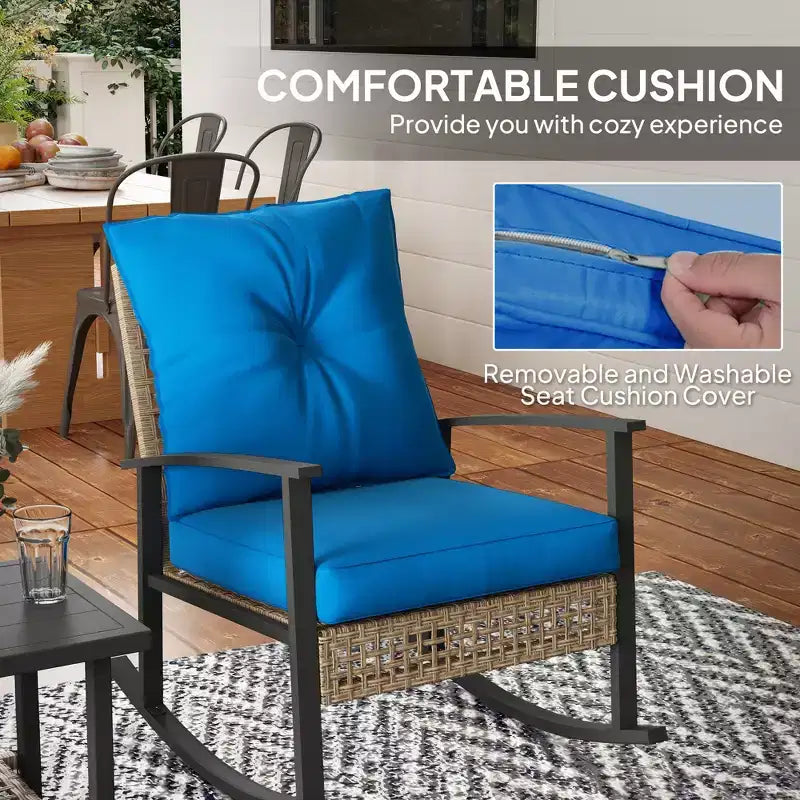 Ensemble de bistro 3 pièces, mobilier de jardin en osier avec coussins capitonnés, chaises berçantes en rotin et table
