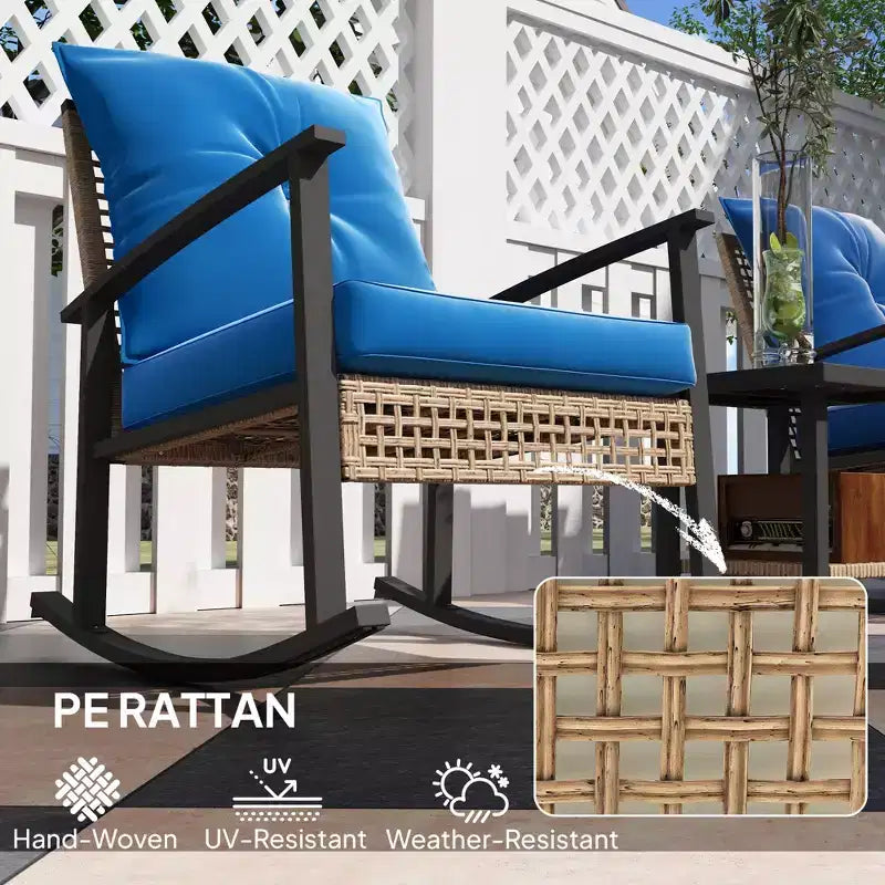 Ensemble de bistro 3 pièces, mobilier de jardin en osier avec coussins capitonnés, chaises berçantes en rotin et table