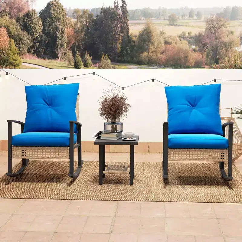 Ensemble de bistro 3 pièces, mobilier de jardin en osier avec coussins capitonnés, chaises berçantes en rotin et table