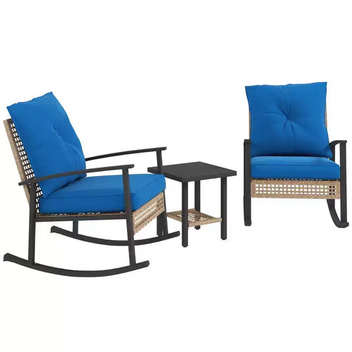 3 Pieces Bistro Set, Patio Wicker Furniture Set with Button Tufted Cushions, Rattan Rocking Chairs Table