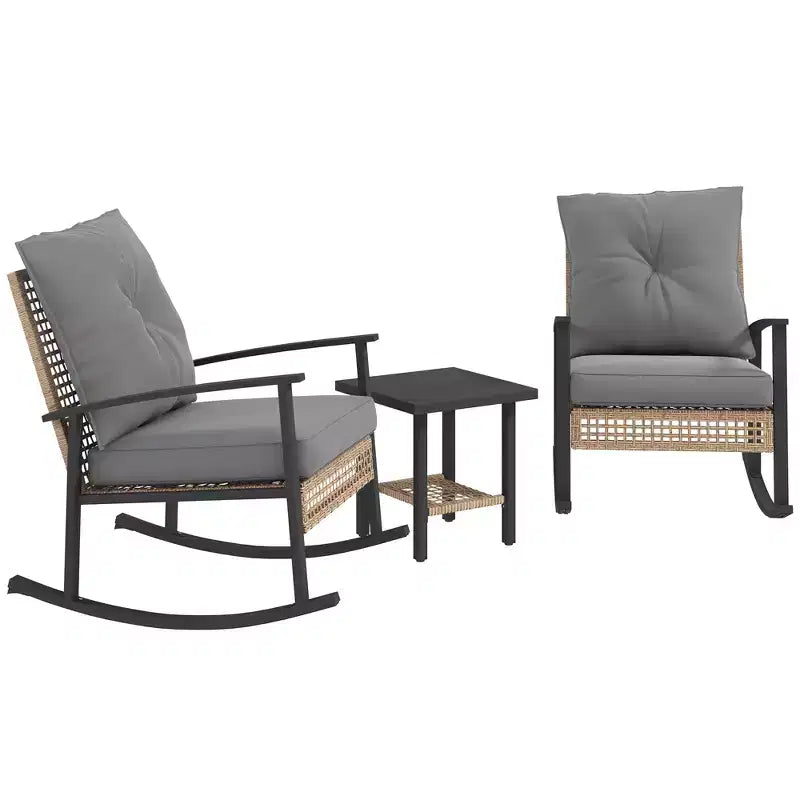 Ensemble de bistro 3 pièces, mobilier de jardin en osier avec coussins capitonnés, chaises berçantes en rotin et table