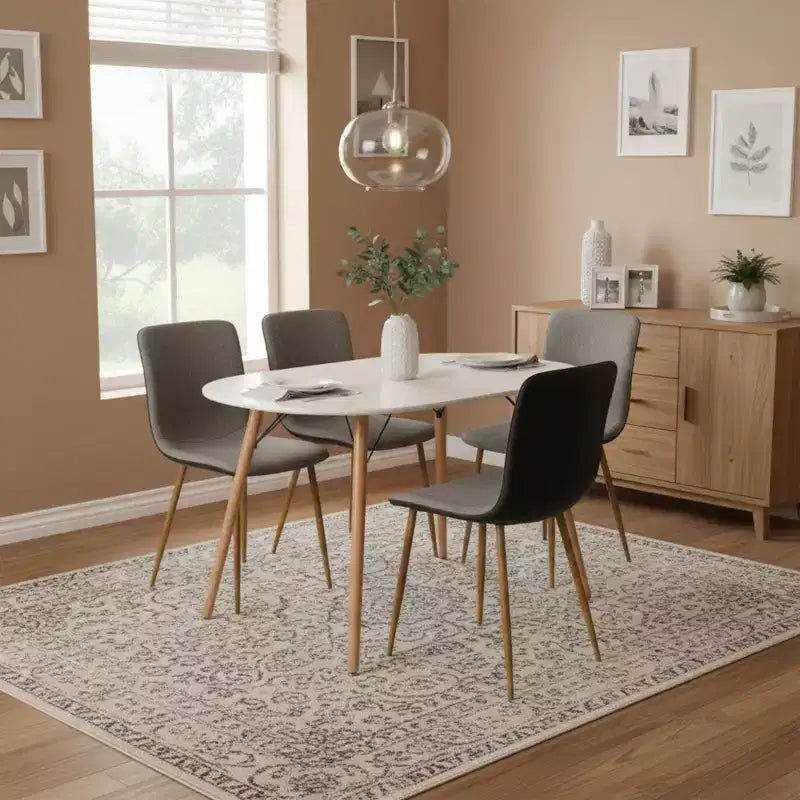 Ensemble de salle à manger 5 pièces FurnitureR moderne avec table ovale et chaises hybrides tissu-PU, pieds aspect bois, mobilier compact de cuisine/salle à manger pour 4 personnes