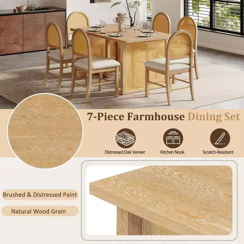 Ensemble de salle à manger rustique 7 pièces avec cadre en bois et accents en rotin, ensemble de salle à manger avec 6 chaises de salle à manger en rotin pour salle à manger - Panipeachy