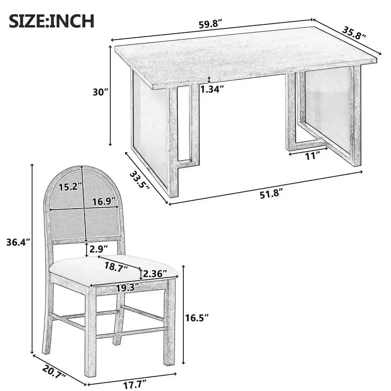 Ensemble de salle à manger rustique 7 pièces avec cadre en bois et accents en rotin, ensemble de salle à manger avec 6 chaises de salle à manger en rotin pour salle à manger - Panipeachy