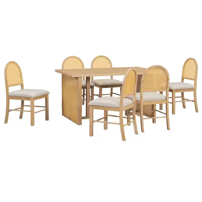 Ensemble de salle à manger rustique 7 pièces avec cadre en bois et accents en rotin, ensemble de salle à manger avec 6 chaises de salle à manger en rotin pour salle à manger - Panipeachy