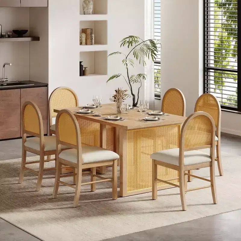 Ensemble de salle à manger rustique 7 pièces avec cadre en bois et accents en rotin, ensemble de salle à manger avec 6 chaises de salle à manger en rotin pour salle à manger - Panipeachy