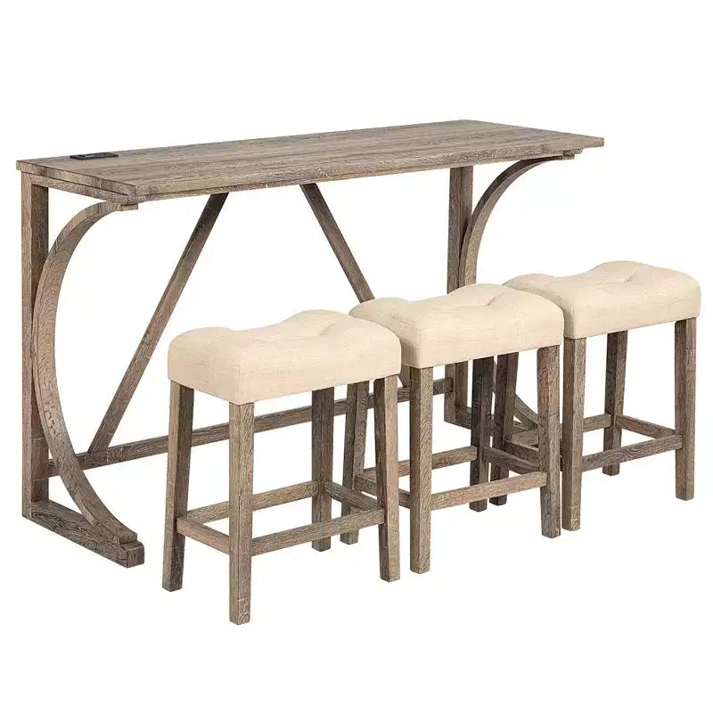 JVNOXK Ensemble table de bar 4 pièces avec prise électrique, table de bar et chaises, ensemble table de bar avec 3 tabourets rembourrés pour salon, marron