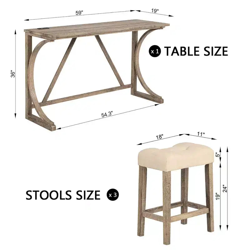 JVNOXK Ensemble table de bar 4 pièces avec prise électrique, table de bar et chaises, ensemble table de bar avec 3 tabourets rembourrés pour salon, marron